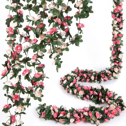 TETOU 6pcs Flower Garlands Artificial Rose Vine Flowers with Leaves 66ft Hanging Roses Vine for Room Wedding Birthday Christmas Wall Decor(Red)