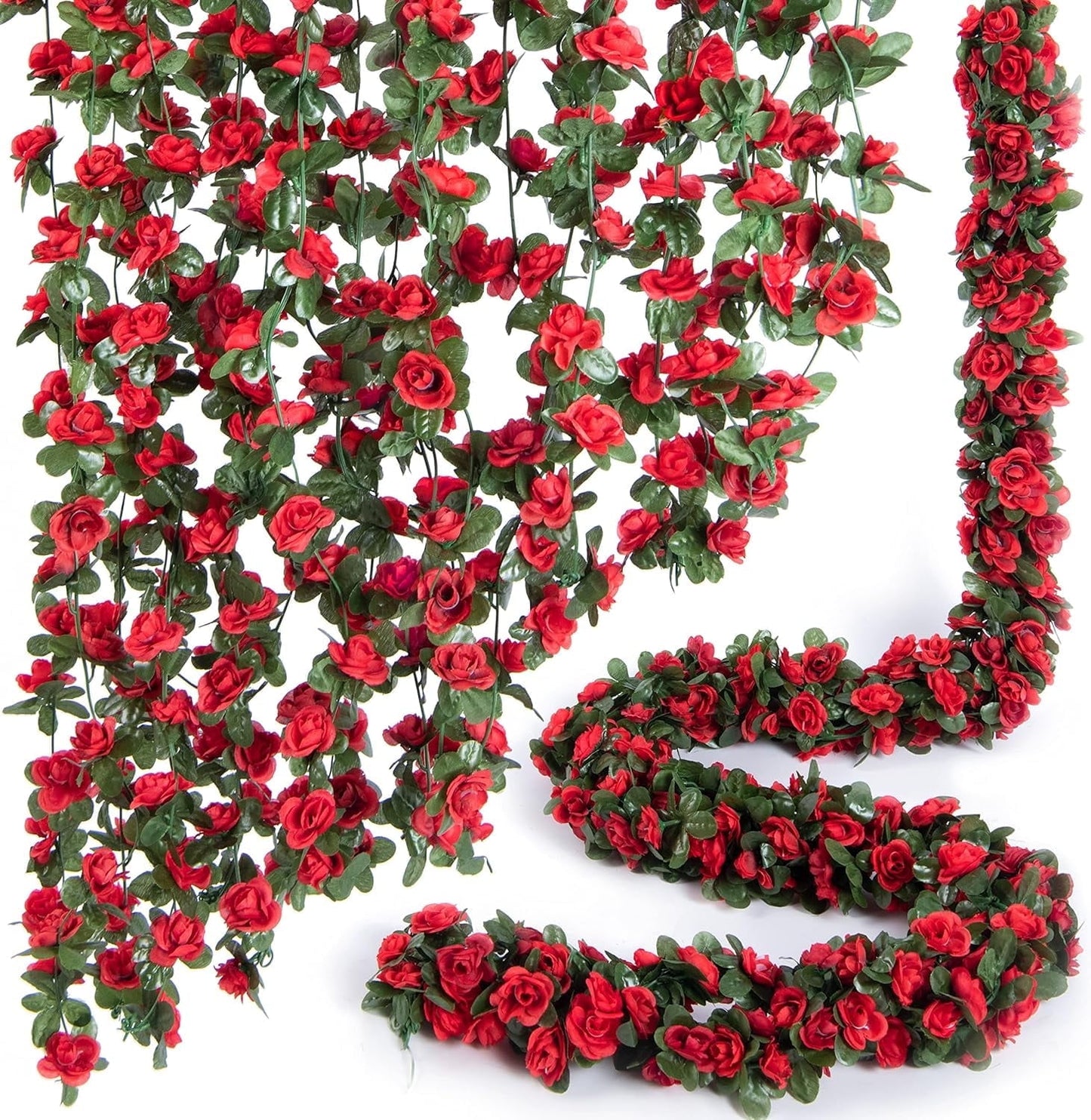 TETOU 6pcs Flower Garlands Artificial Rose Vine Flowers with Leaves 66ft Hanging Roses Vine for Room Wedding Birthday Christmas Wall Decor(Red)