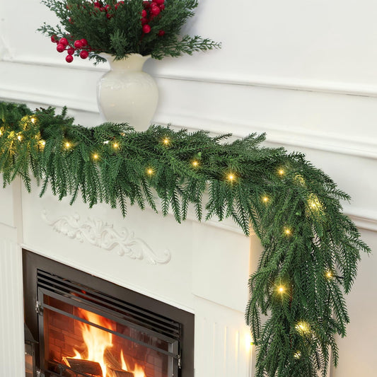 TETOU 9ft Norfolk Pine Garland Christmas Garlands with Warm White LED Lights Faux Greenery Pine Garland for Holiday Decor
