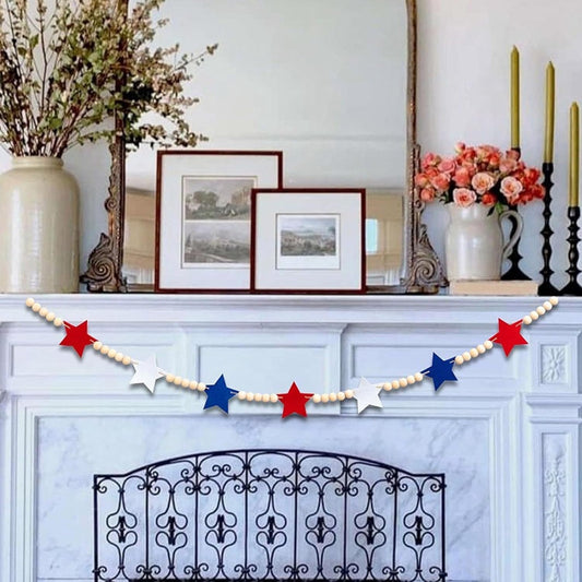 TETOU American Patriotic Wooden Bead String with Star-Shaped Charms, Red White Blue Beaded Garland for Independence Day 4th of July Home Fireplace Wall Decor - 127cm/50inch