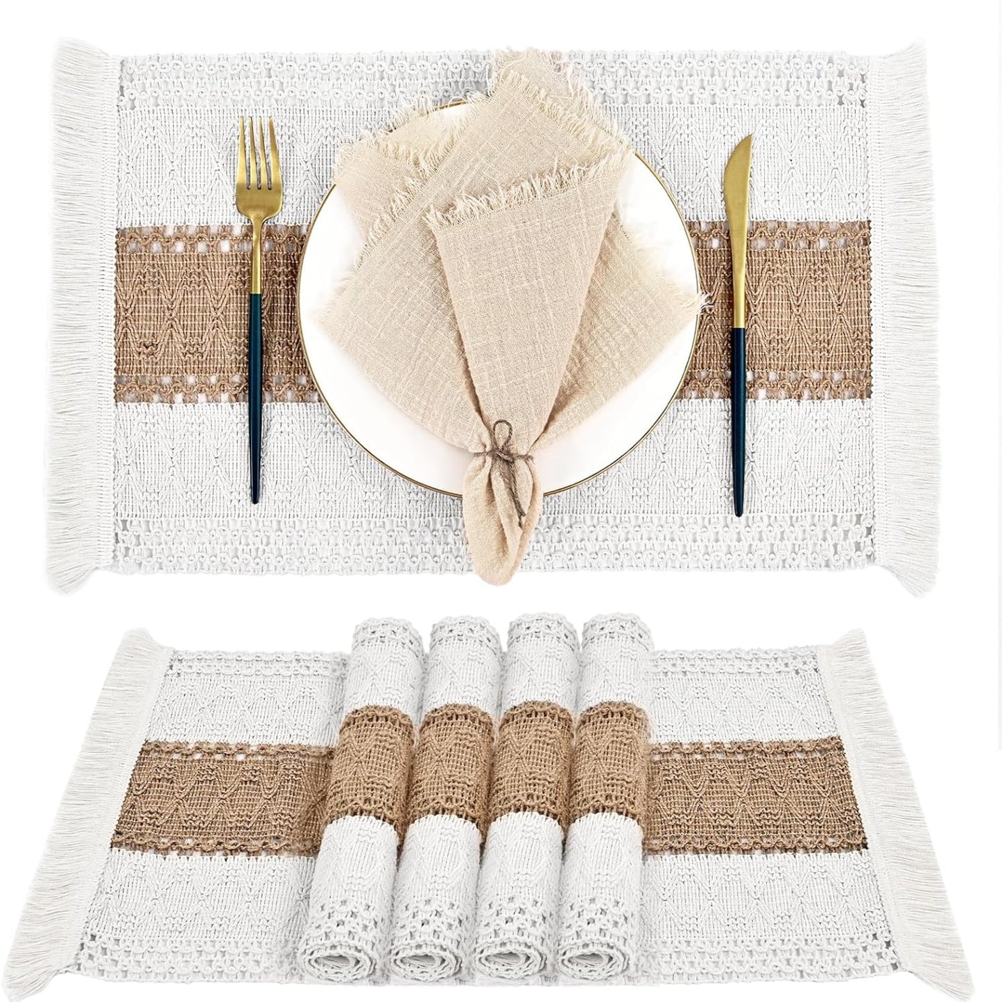 TETOU Boho Placemats Set of 4, 20*12 inch Natural Cotton burlap placemats, Macrame Woven Farmhouse Place Mats for Kitchen Dining Table Decor