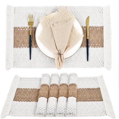 TETOU Boho Placemats Set of 4, 20*12 inch Natural Cotton burlap placemats, Macrame Woven Farmhouse Place Mats for Kitchen Dining Table Decor