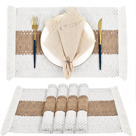 TETOU Boho Placemats Set of 4, 20*12 inch Natural Cotton burlap placemats, Macrame Woven Farmhouse Place Mats for Kitchen Dining Table Decor