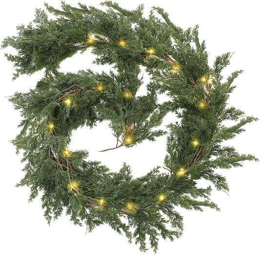 TETOU Christmas Cedar Garland, Pre-lit Faux Cypress Garland, Realistic Artificial Greenery Pine Garland, Christmas Decoration for Indoor Table Mantle Wall Fireplace Shelf Winter Decor - 1Pack