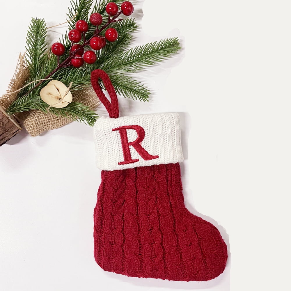 TETOU Christmas Stocking with Letter Mini Cute Red Knitted Christmas Stocks Gift Bags Pendant Christmas Tree Decor