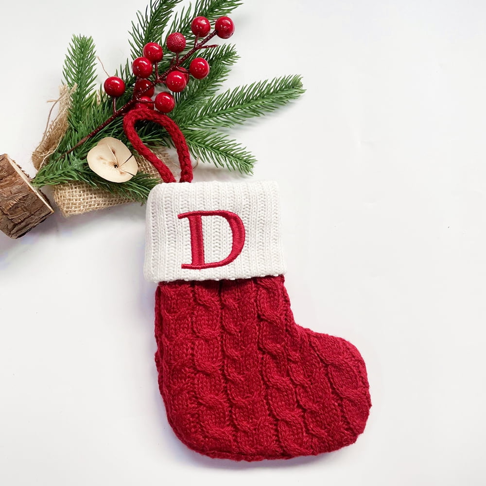 TETOU Christmas Stocking with Letter Mini Cute Red Knitted Christmas Stocks Gift Bags Pendant Christmas Tree Decor