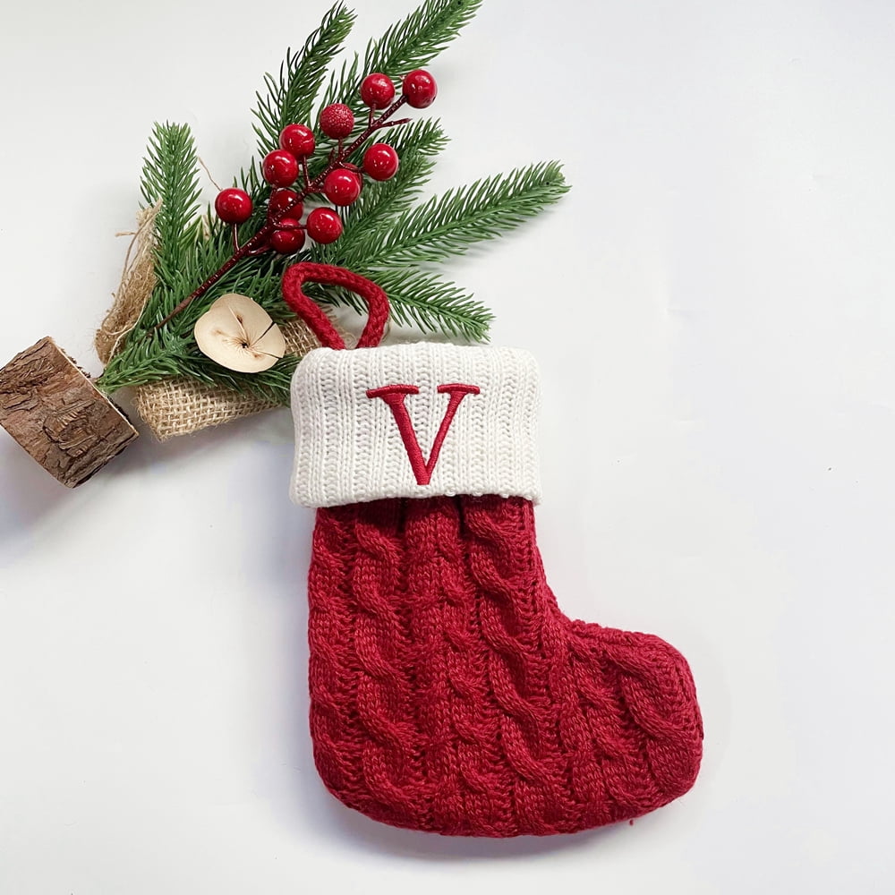 TETOU Christmas Stocking with Letter Mini Cute Red Knitted Christmas Stocks Gift Bags Pendant Christmas Tree Decor