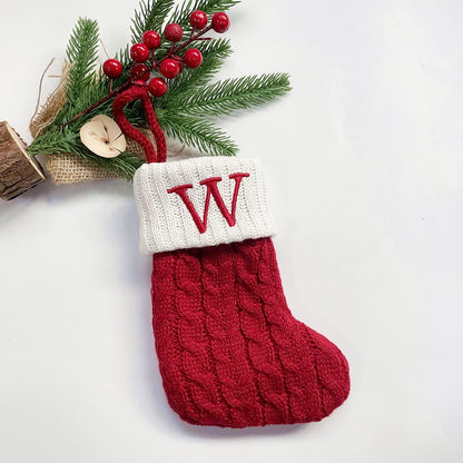 TETOU Christmas Stocking with Letter Mini Cute Red Knitted Christmas Stocks Gift Bags Pendant Christmas Tree Decor