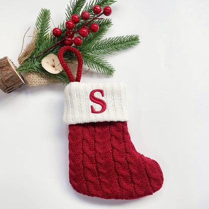 TETOU Christmas Stocking with Letter Mini Cute Red Knitted Christmas Stocks Gift Bags Pendant Christmas Tree Decor