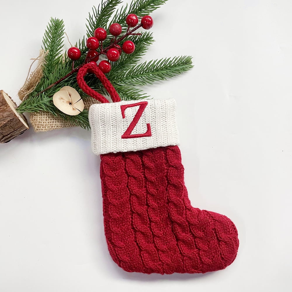 TETOU Christmas Stocking with Letter Mini Cute Red Knitted Christmas Stocks Gift Bags Pendant Christmas Tree Decor