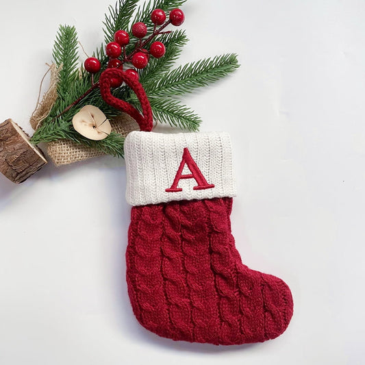 TETOU Christmas Stocking with Letter Mini Cute Red Knitted Christmas Stocks Gift Bags Pendant Christmas Tree Decor