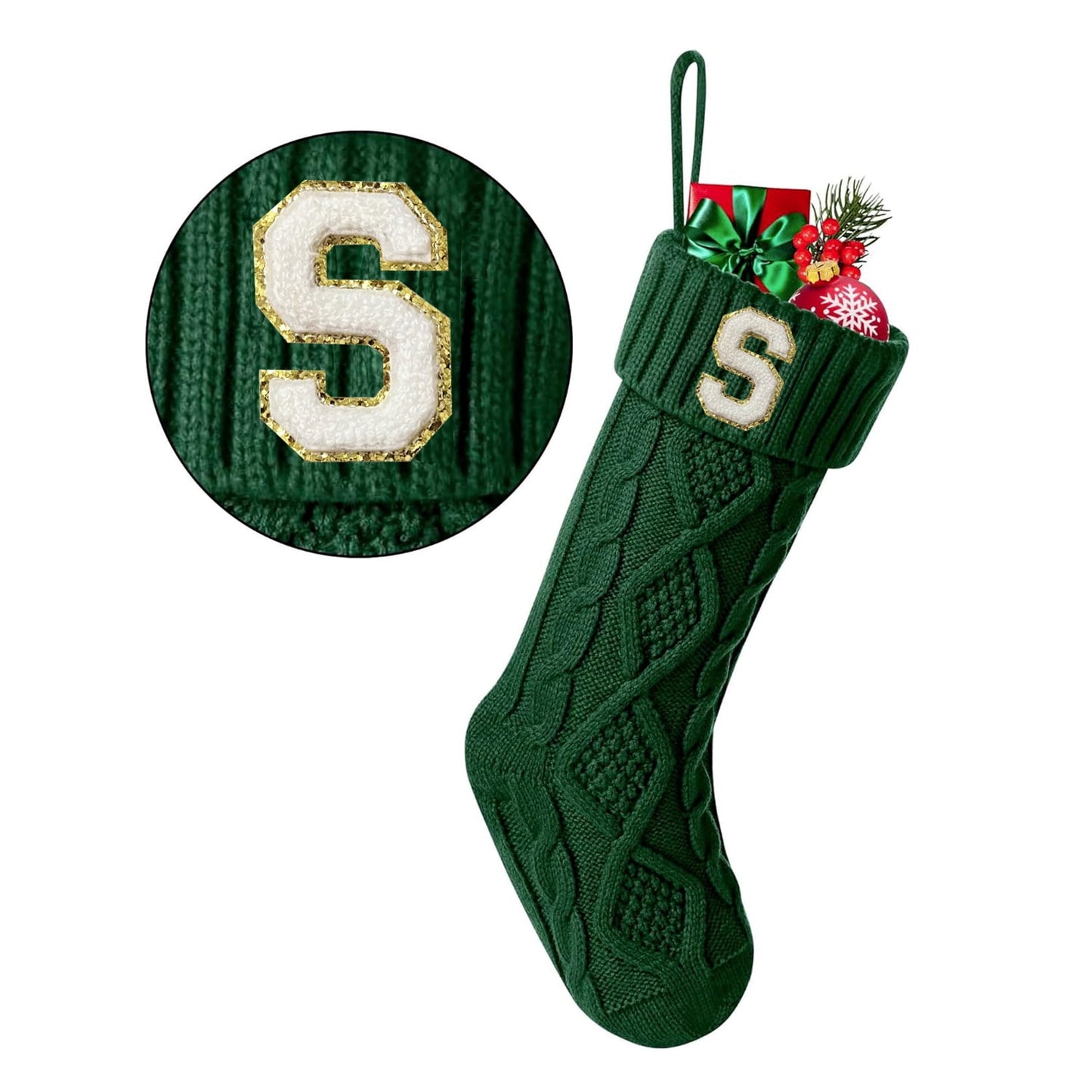 TETOU Christmas Stockings with Initials Letter 18" Stockings for Christmas Decoration- Green A
