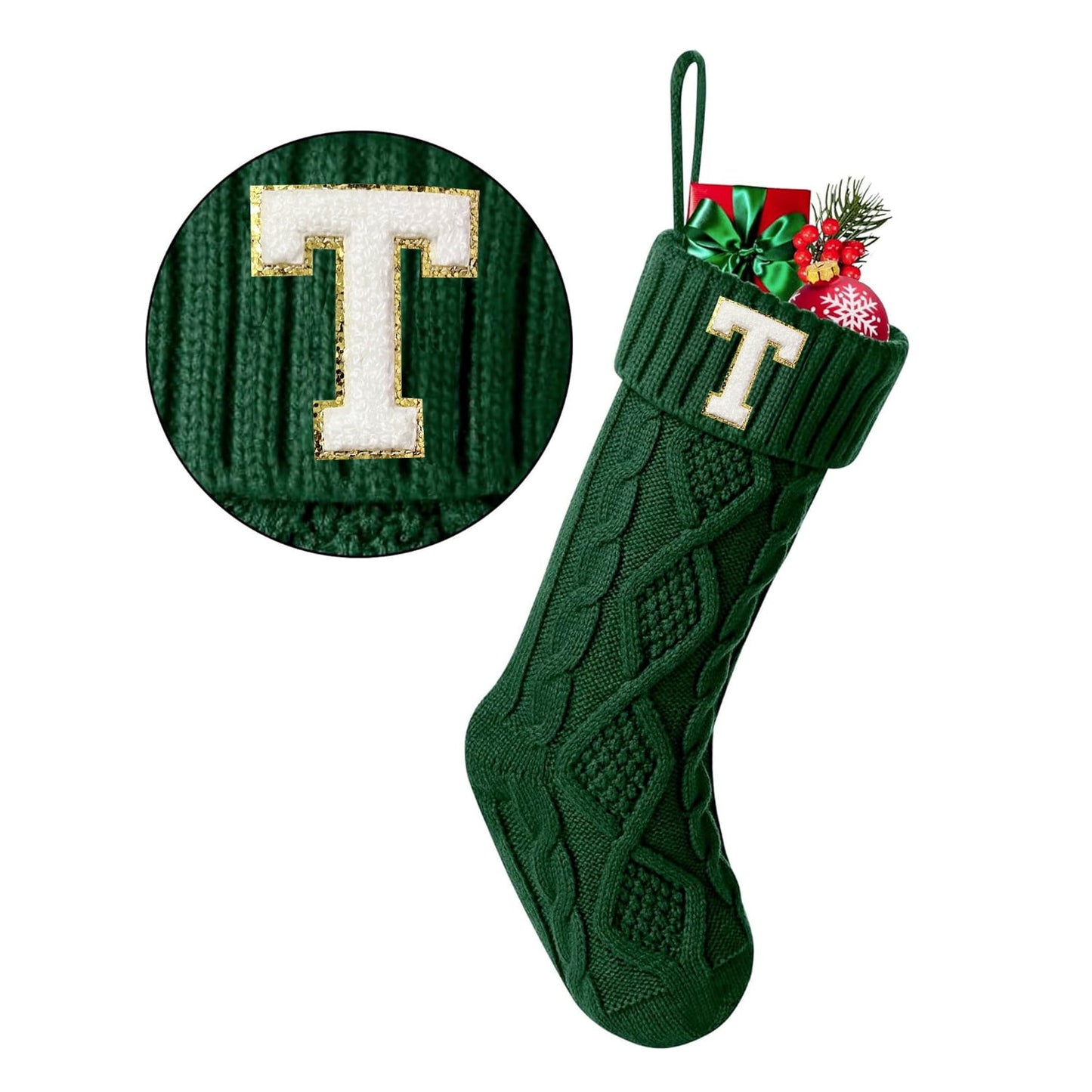 TETOU Christmas Stockings with Initials Letter 18" Stockings for Christmas Decoration- Green A