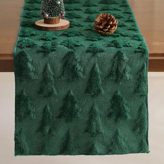 TETOU Christmas Tree Jacquard Table Runner 13x72 Inch Soft Plush Faux Fur Table Decoration for Christmas Home Party - Green