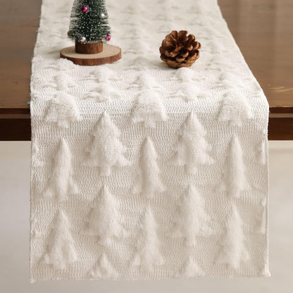 TETOU Christmas Tree Jacquard Table Runner 13x72 Inch Soft Plush Faux Fur Table Decoration for Christmas Home Party - White
