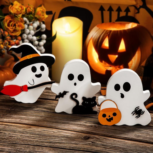 TETOU Cute Ghost Halloween Decorations for Indoor,Wooden Tiered Tray Decor Table Sign with Black Cat Bat Witch Broom Signs Pumpkin Blocks - Ghost Decor for Indoor Outdoor Party Table Shelf