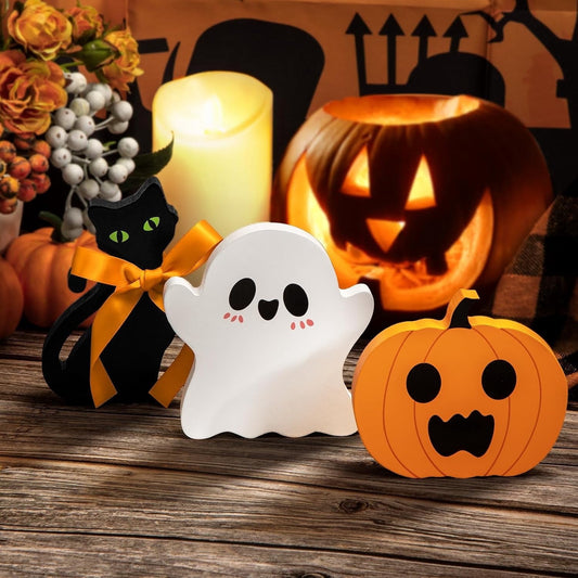 TETOU Cute Ghost Halloween Decorations for Indoor,Wooden Tiered Tray Decor Table Sign with Black Cat Bat Witch Broom Signs Pumpkin Blocks - Ghost Decor for Indoor Outdoor Party Table Shelf(Style-C)