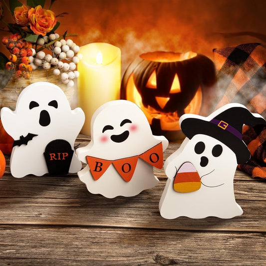 TETOU Cute Ghost Halloween Decorations for Indoor,Wooden Tiered Tray Decor Table Sign with Black Cat Bat Witch Broom Signs Pumpkin Blocks - Ghost Decor for Indoor Outdoor Party Table Shelf(Style-B)