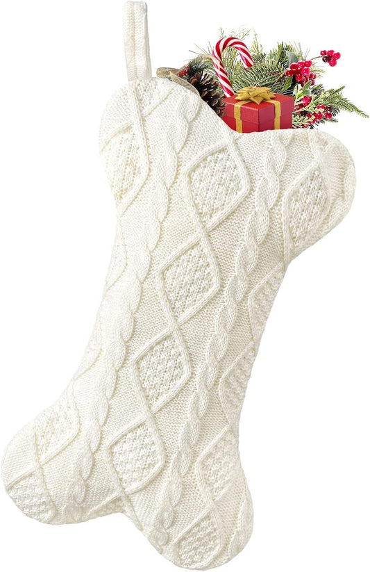 TETOU Dog Christmas Stocking, Bone Shape Knit Stocking, Xmas Dog Stocking, Hanging Christmas Decoration for Dogs Cats Pets Xmas Holiday Indoor Party-White