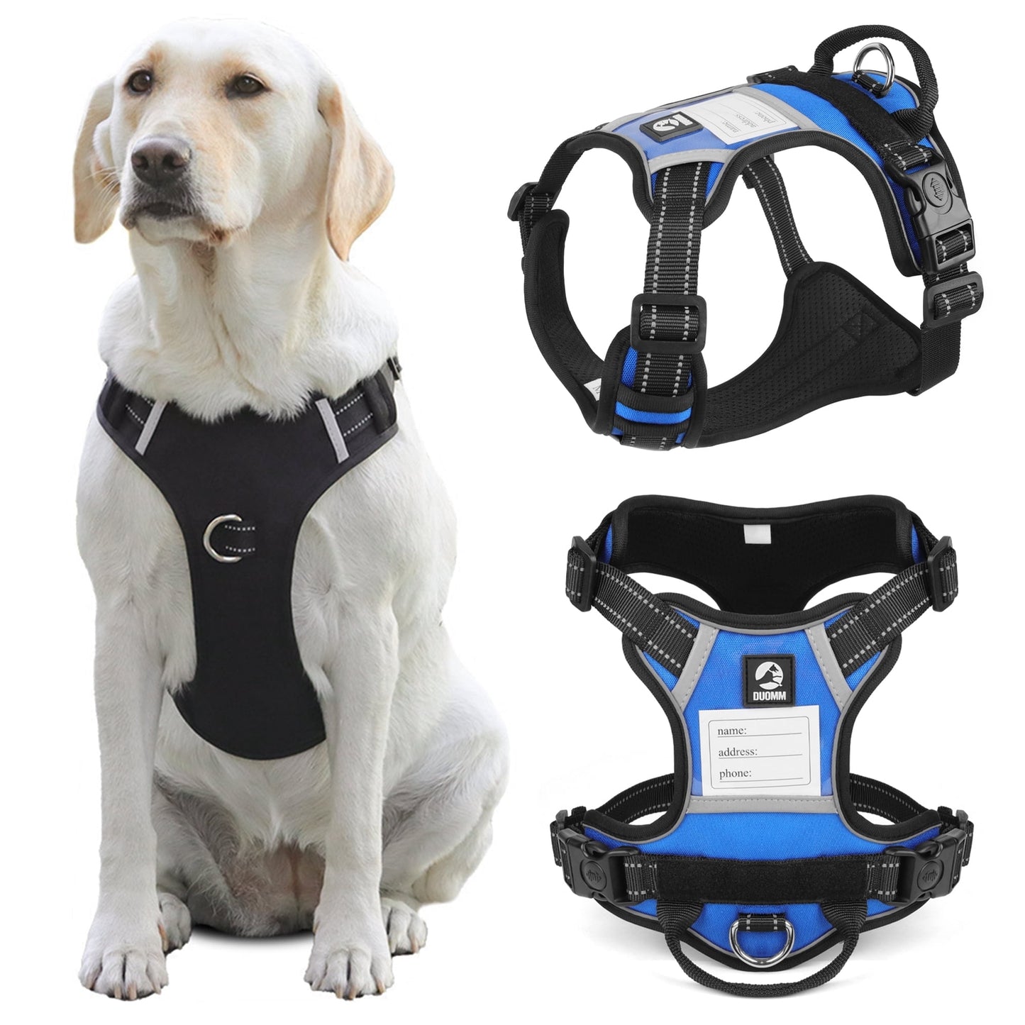 TETOU Dog Harness, No-Pull Pet Harness, Adjustable Reflective Soft Padded Dog Vest with Handle, Nameplate Design for DIY Name Phone Number Address, Suitable for Small Medium Large Dogs - Black M