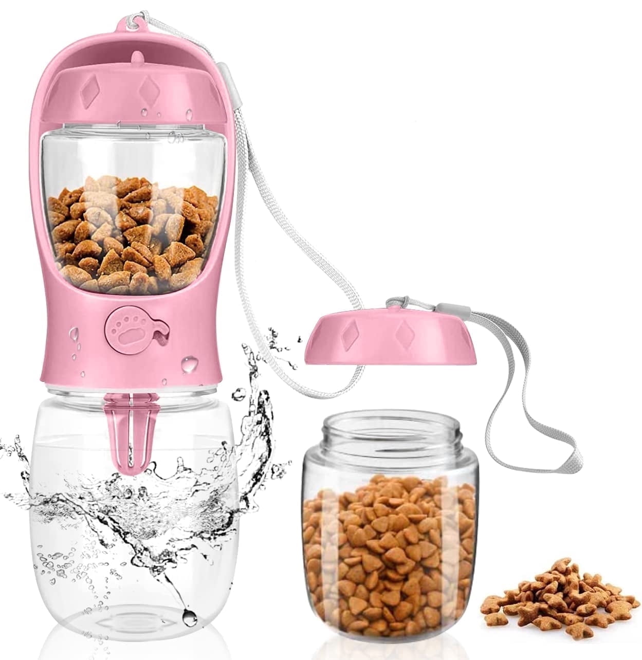 TETOU Dog Water Bottle with Food Container, 19oz Portable Pet Dispenser, Travel Puppy Water Bowl for Dog Cat Pet - Pink