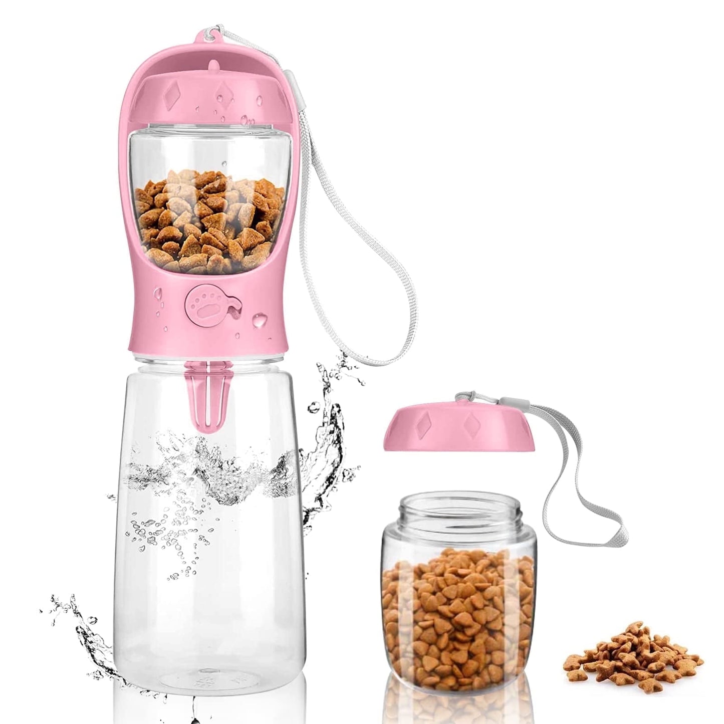 TETOU Dog Water Bottle with Food Container, 19oz Portable Pet Dispenser, Travel Puppy Water Bowl for Dog Cat Pet - Pink