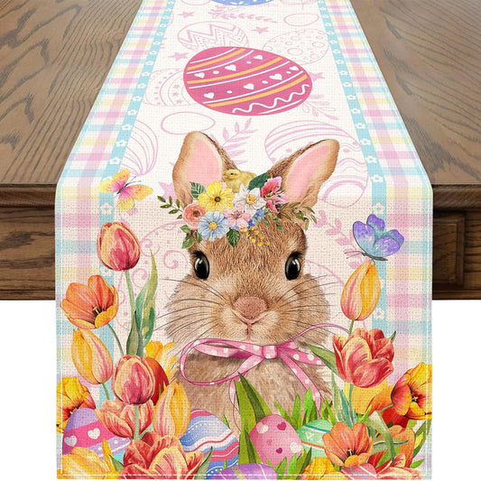 TETOU Easter Bunny Table Runner 72" Spring Rabbit Eggs Table Runner Home Dining Party Decor