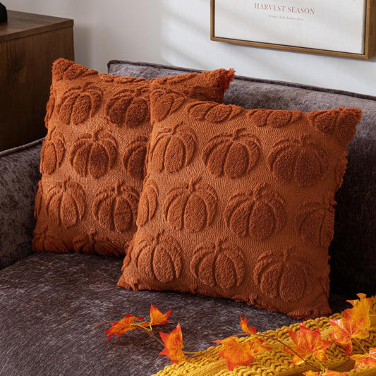 TETOU Fall Pillow Covers,18"x18"Set of 2 Fall Rust Red Pumpkin Pillow Cases,Soft Faux Fur Wool Couch Cushion for Sofa Bedroom Living Room Home Farmhouse Fall Halloween Thanksgiving Decor