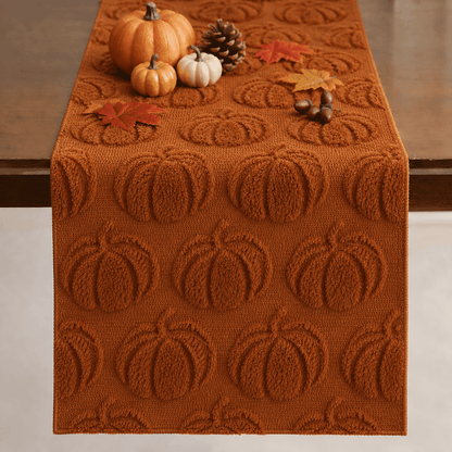 TETOU Fall Table Runner,13x72 Inch Pumpkin Jacquard Soft Plush Faux Fur Table Runner for Fall Farmhouse Home Halloween Thanksgiving Party Decoration(Rust Red)