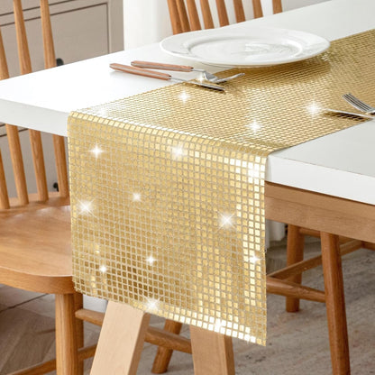 TETOU 13*108" Glitter Disco Party Table Runner, Mirror Table Runner Retro 70s 80s Theme Disco Ball Party Supplies for Birthday Bachelorette Dance Party Decorations - Silver