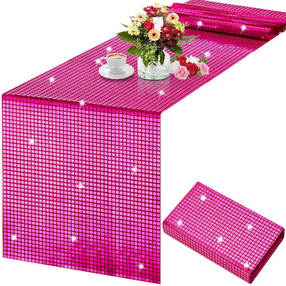 TETOU 13*108" Glitter Disco Party Table Runner, Mirror Table Runner Retro 70s 80s Theme Disco Ball Party Supplies for Birthday Bachelorette Dance Party Decorations - Silver