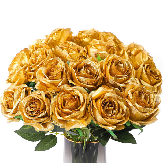 TETOU Gold Rose 10pcs Artificial Rose Flowers Silk Roses Real Touch for Party Bridal Wedding Bouquet Decor