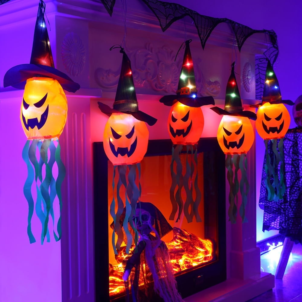 TETOU Halloween Decorations Outdoor Hanging Lights, Glowing Pumpkin Witch Hat Led Scary Light for Indoor Outside Party Tree Garden Porch Hallowe'en Decoration