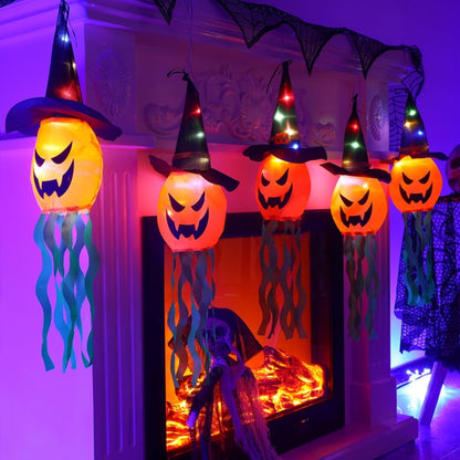 TETOU Halloween Decorations Outdoor Hanging Lights, Glowing Pumpkin Witch Hat Led Scary Light for Indoor Outside Party Tree Garden Porch Hallowe'en Decoration