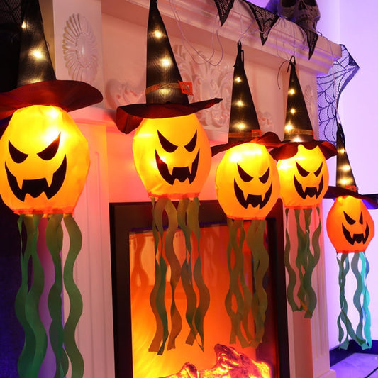 TETOU Halloween Decorations Outdoor Hanging Lights, Glowing Pumpkin Witch Hat Led Scary Light for Indoor Outside Party Tree Garden Porch Hallowe'en Decoration