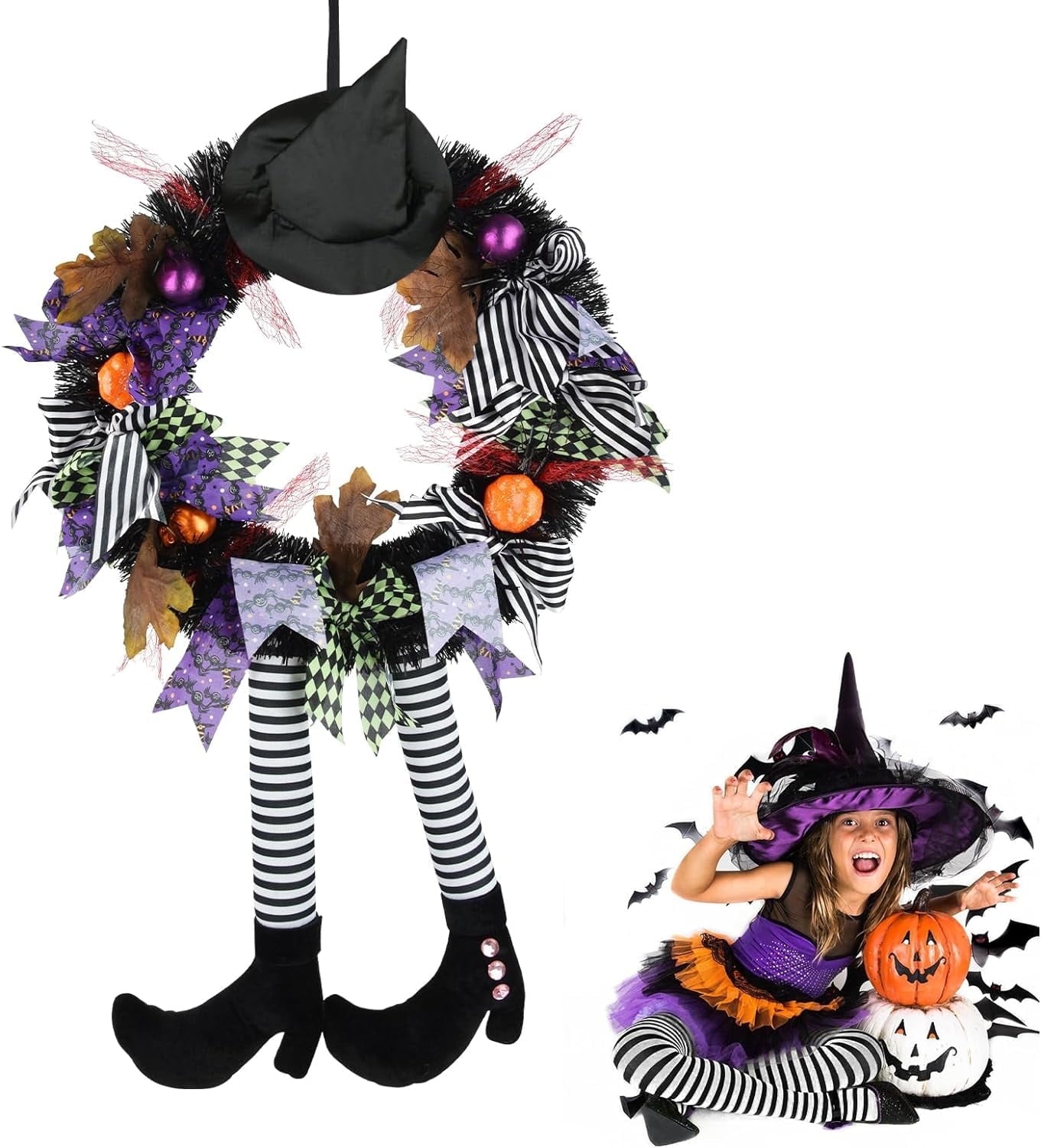 TETOU Halloween Wreaths for Front Door, 27" Witch Wreath Halloween Costumes, Autumn Door Wreath Witch's Hat and Legs Pumpkin Hallowe'en Indoor & Outdoor Wall Decor