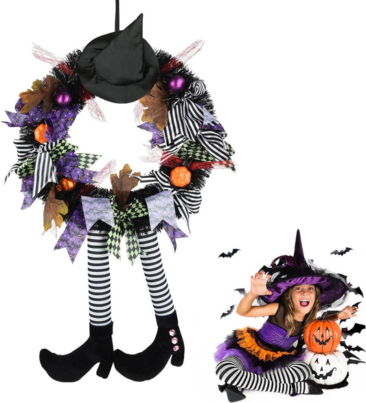 TETOU Halloween Wreaths for Front Door, 27" Witch Wreath Halloween Costumes, Autumn Door Wreath Witch's Hat and Legs Pumpkin Hallowe'en Indoor & Outdoor Wall Decor