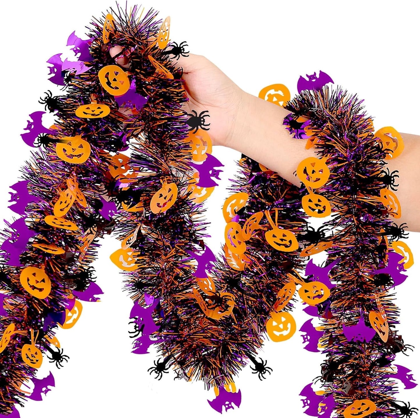 TETOU Halloween Garland Decor,50Ft Orange Black Purple Glitter Tinsel Fall Garland for Tree Home Fireplace Halloween Party Indoor Outdoor Decoration