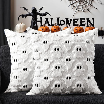 TETOU Halloween Pillow Covers,18"x18"Set of 2 White Ghost Throw Pillow Cases,Soft Faux Fur Wool Couch Cushion for Sofa Bedroom Living Room Home Farmhouse Fall Halloween Decor