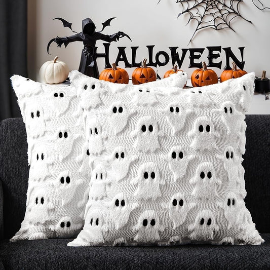TETOU Halloween Pillow Covers,18"x18"Set of 2 White Ghost Throw Pillow Cases,Soft Faux Fur Wool Couch Cushion for Sofa Bedroom Living Room Home Farmhouse Fall Halloween Decor