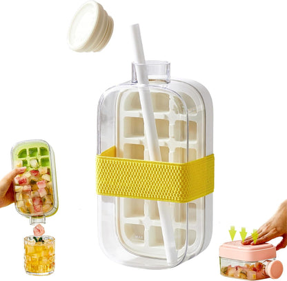 TETOU Ice Cube Bottle ,2 in 1 Touch-Free with Lid and Bin Ice Cube Tray Water Bottle,Easy Press to Release Ices Cube Making Bottle for Coffee, Juice and Beverages(Pink/800ml)