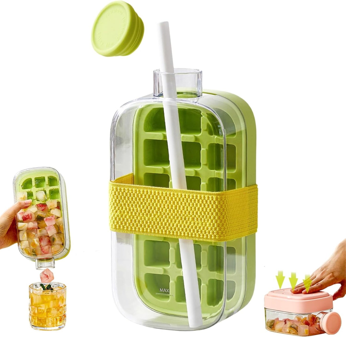 TETOU Ice Cube Bottle ,2 in 1 Touch-Free with Lid and Bin Ice Cube Tray Water Bottle,Easy Press to Release Ices Cube Making Bottle for Coffee, Juice and Beverages(Pink/800ml)