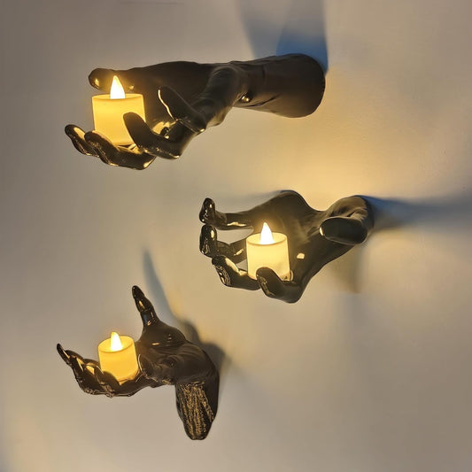 TETOU Pack of 3 Wall Mounted Creepy Reaching Hands with Lighted Candles, Life-Sized Horror Hands for Gothic Wall Decorations, Scary Halloween Indoor Outdoor Decor