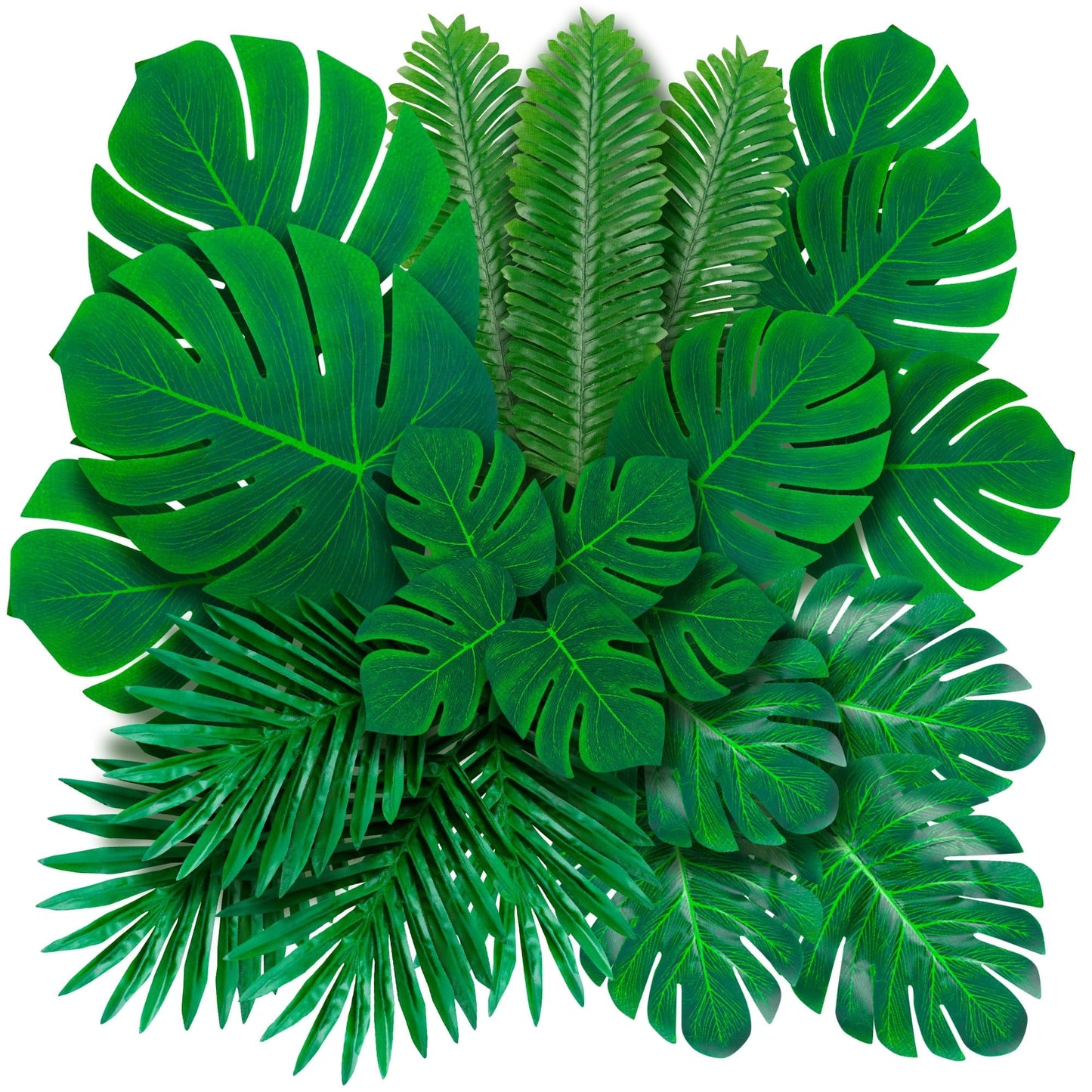TETOU 108Pcs Palm Leaves Artificial Tropical Monstera, 6 Kinds Large Small Green Fake Palm Leaf with Stems for Home Kitchen Party Flowers Arrangement Wedding Hawaiian Party Table Decoration