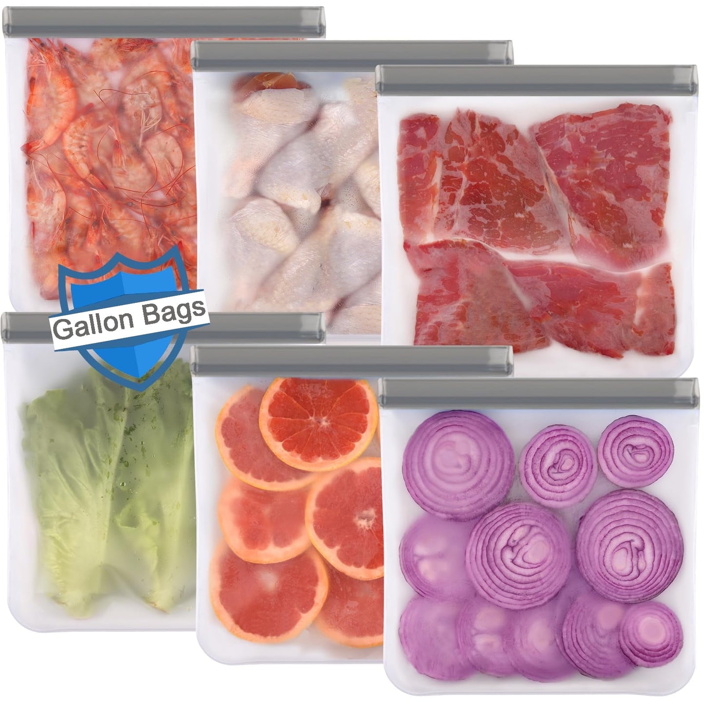 TETOU Reusable Gallon Freezer Bags 6pcs XL Silicone Food Storage Leakproof Bags for Meat Fruit Vegetable Lunch Travel Storage Bags