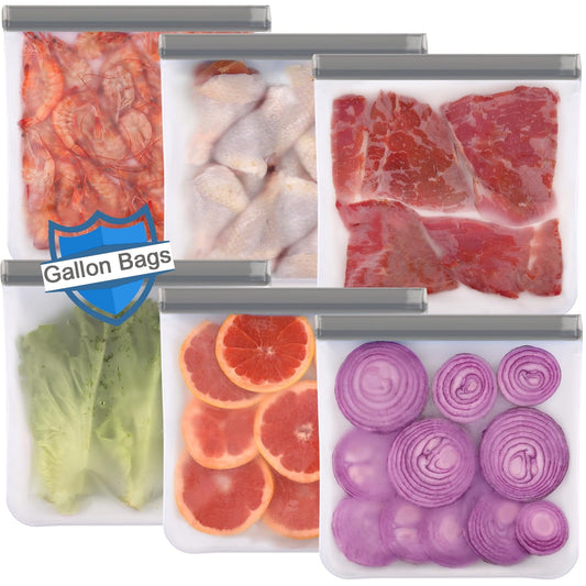 TETOU Reusable Gallon Freezer Bags 6pcs XL Silicone Food Storage Leakproof Bags for Meat Fruit Vegetable Lunch Travel Storage Bags