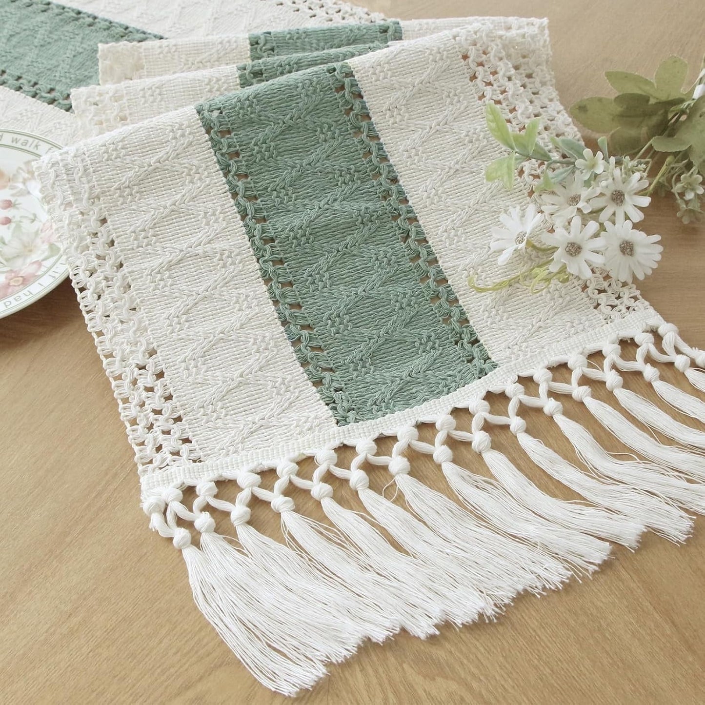 TETOU Boho Blue Table Runner with Tassels 72 Inches Long Macrame Farmhouse Table Runners for Home Decor Party Bohemian Rustic Bridal Shower Dining Decorations(12x72 Inches)