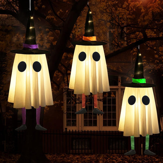 TETOU Set of 3 Halloween Hanging Ghosts,Halloween Decorations Outdoor Hanging Ghosts with Witch Hat,Glowing Ghost Witch Hat Lights Halloween Ghost Decor for Yard Patio Garden Tree Outside