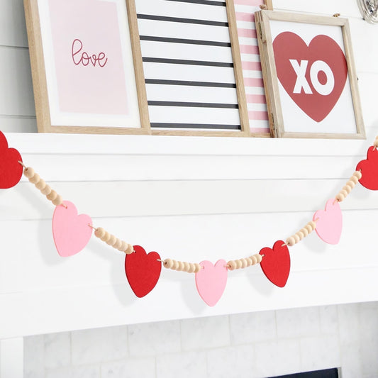 TETOU Valentines Day Decorations Red Pink Felt Heart Wood Beads Valentines Garland 4.5ft Felt Banner Fireplace Mantel Home Decor