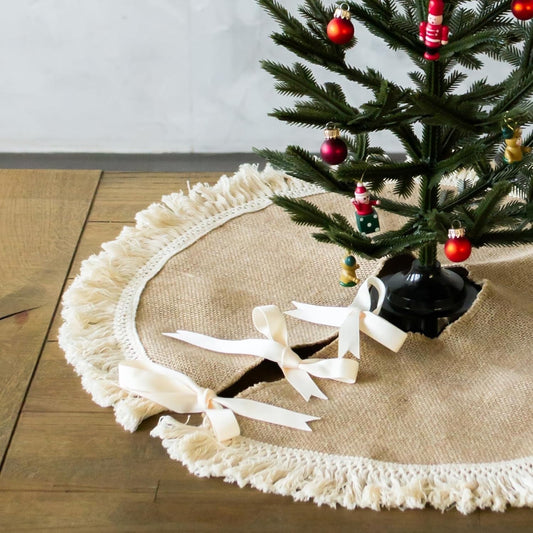 TETOU 36 Inch Christmas Tree Skirt,Linen Burlap with Tassels Fringe Trim Boho Farmhouse Rustic Christmas Tree Skirt Collar Decoration for Xmas Winter Home Holiday Indoor Outdoor Seasonal Decors